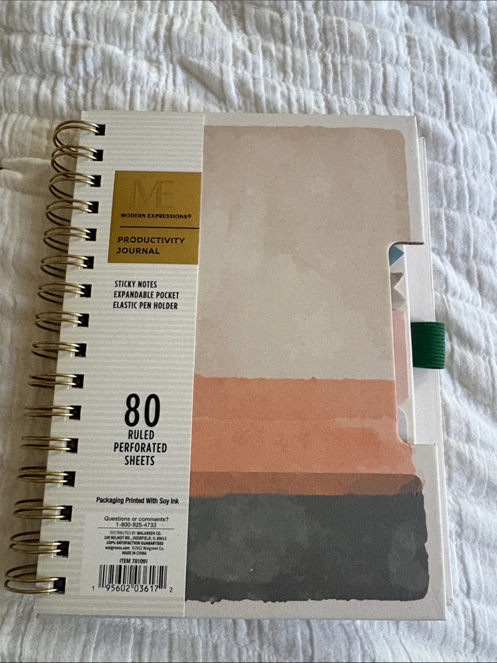 Expressions Pink, Peach and Gray Productivity Journal with Green Pen Loop
